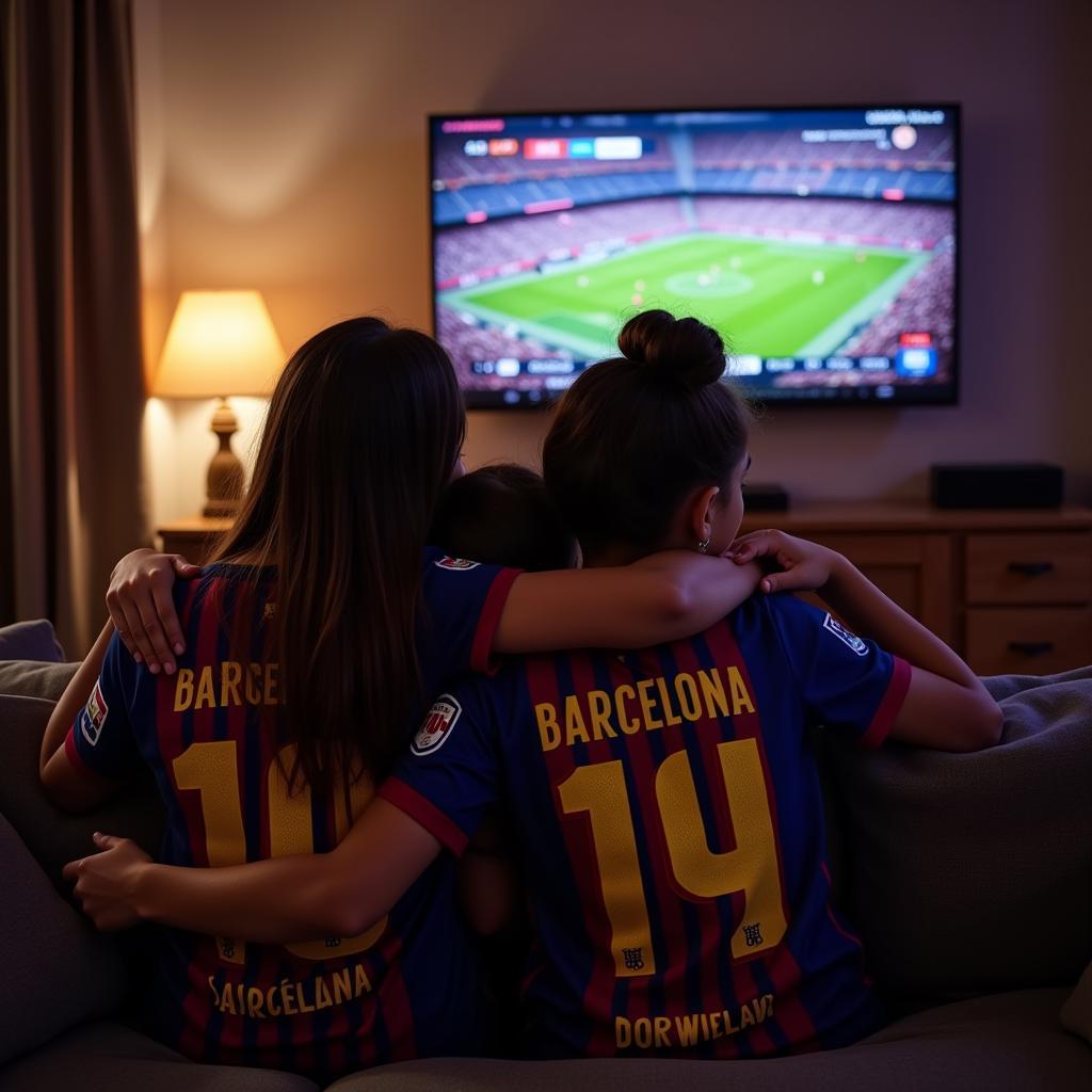 Female Barca fan watching a match with her family at home