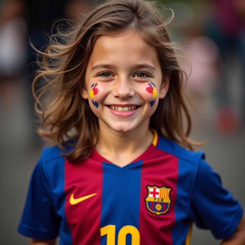 A young female Barca fan proudly wearing Messi's jersey