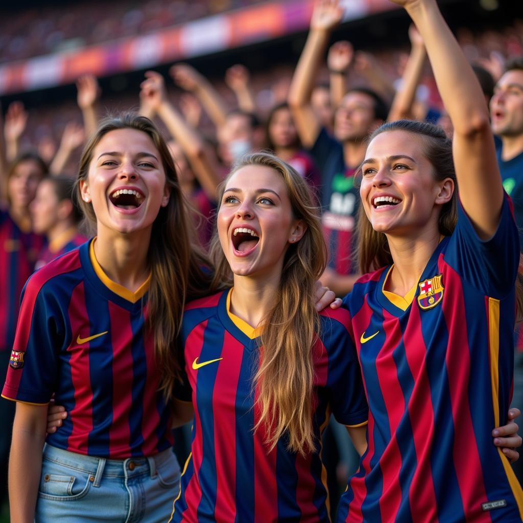 Female Barca fans celebrating a goal