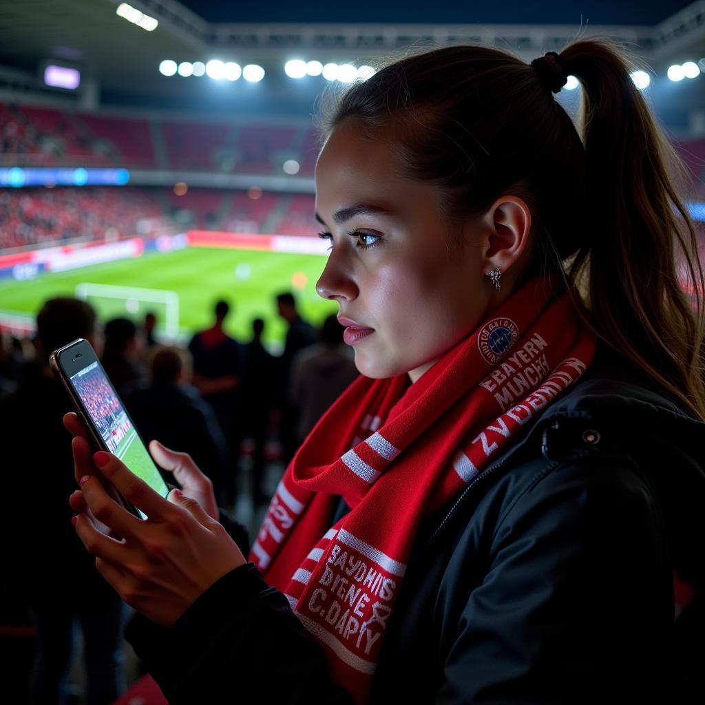 Female Bayern Munich fan engrossed in a match on her phone