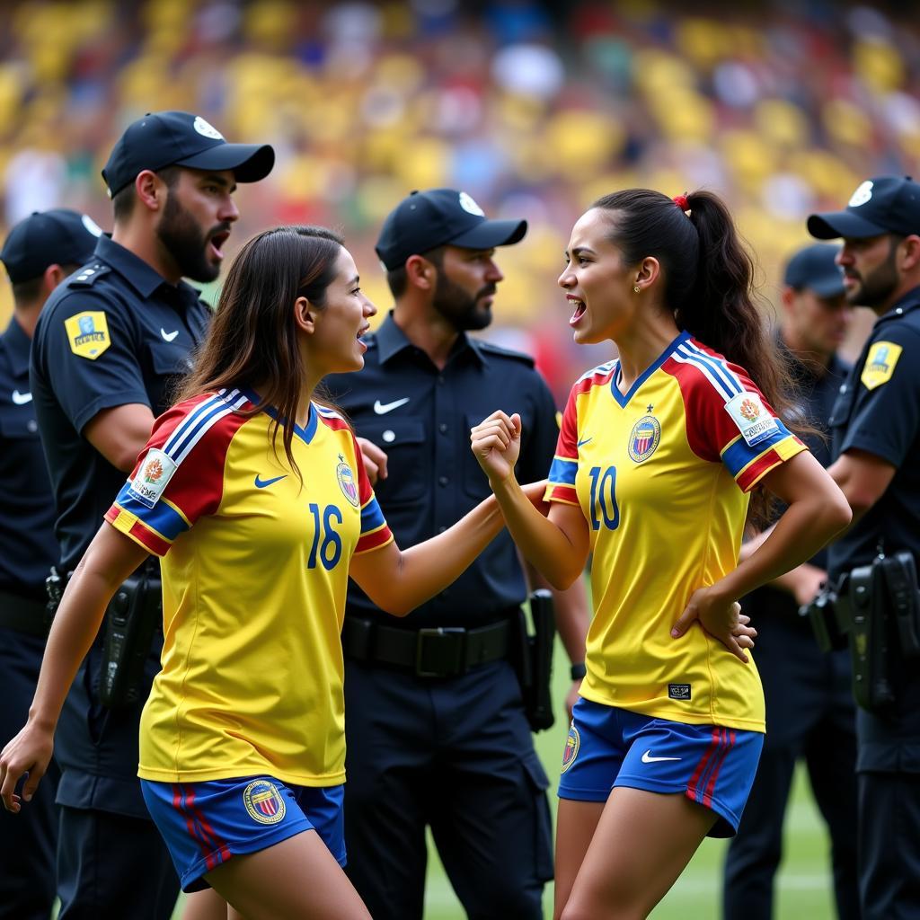 Female Colombian Football Fans Displaying Intense Rivalry