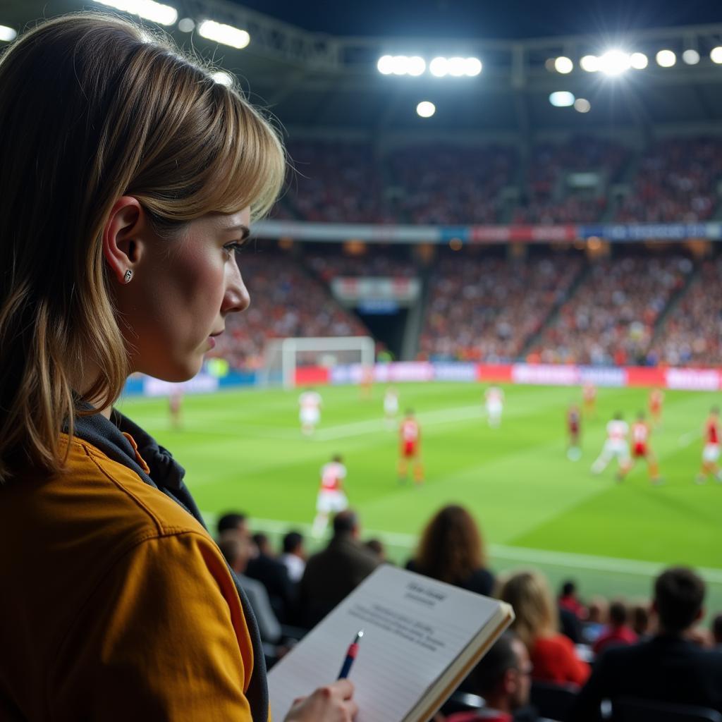 Female Fan Analyzing a Football Match at the Stadium