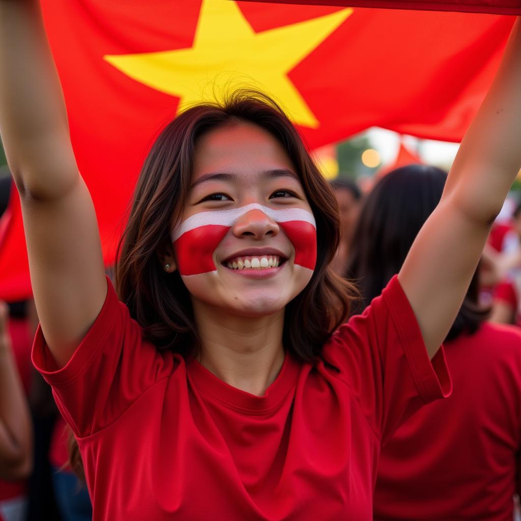 A young female fan with the Vietnamese flag painted on her face holding a large national flag