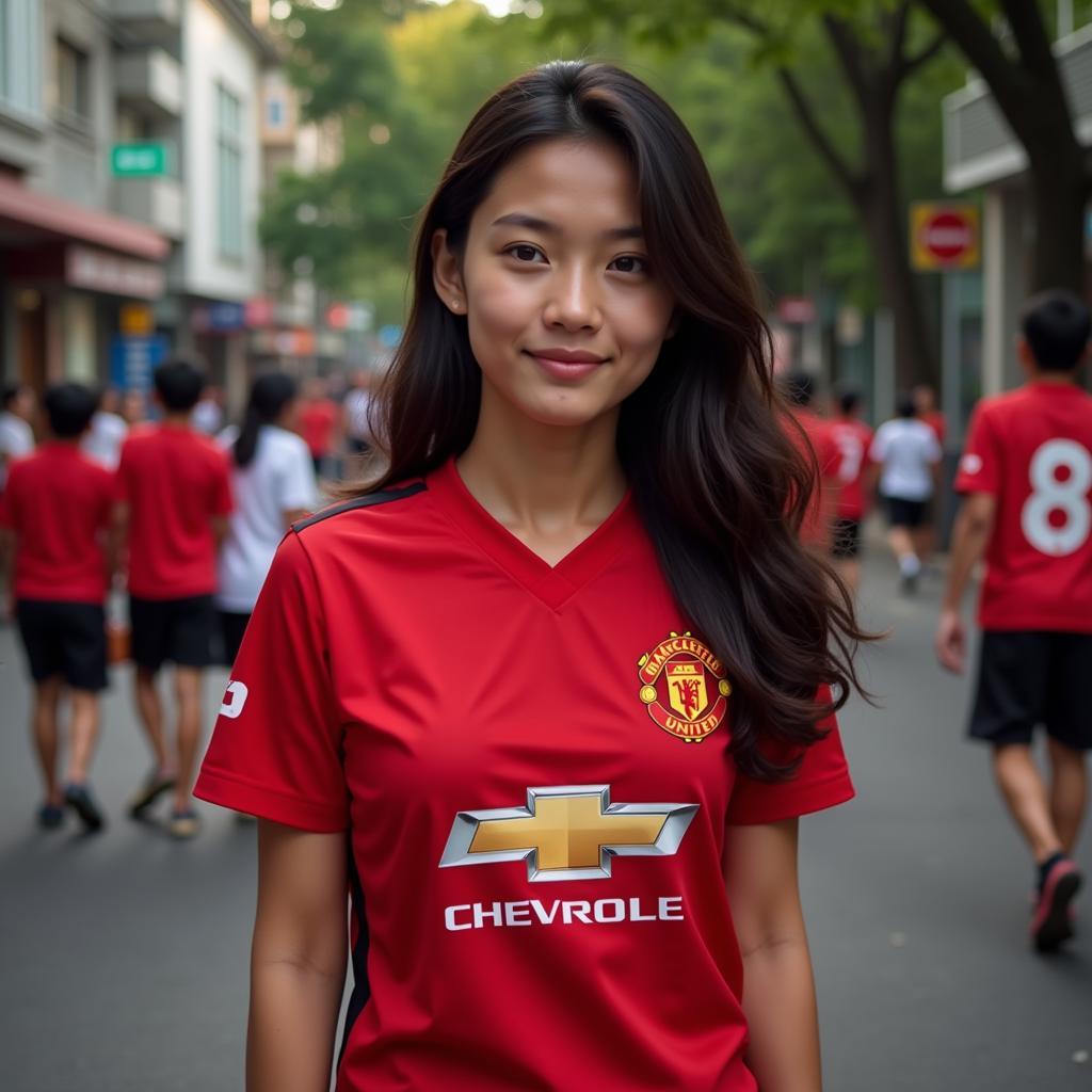 A young woman in Vietnam wearing a Manchester United jersey.