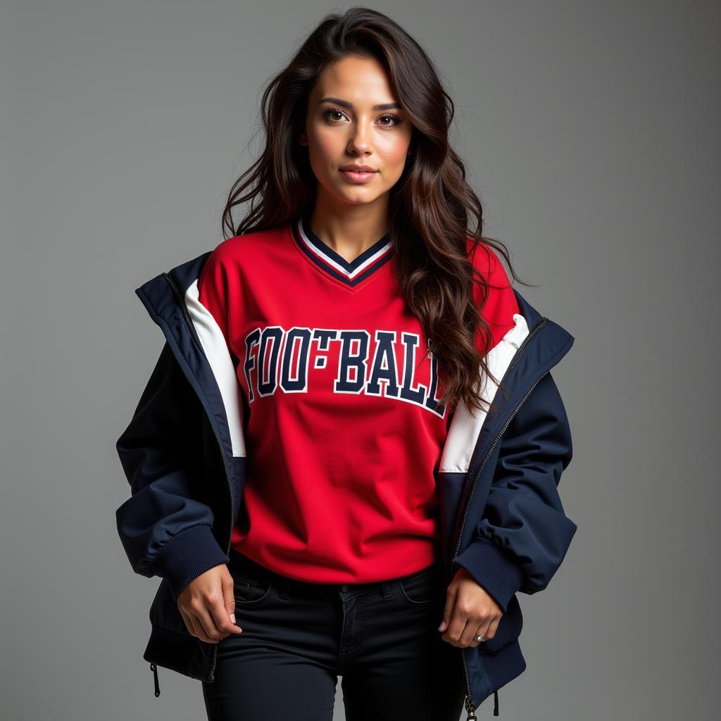 A female fan showcasing her unique football-inspired style