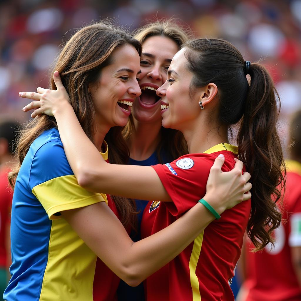 Female fans from different countries bonding at the World Cup