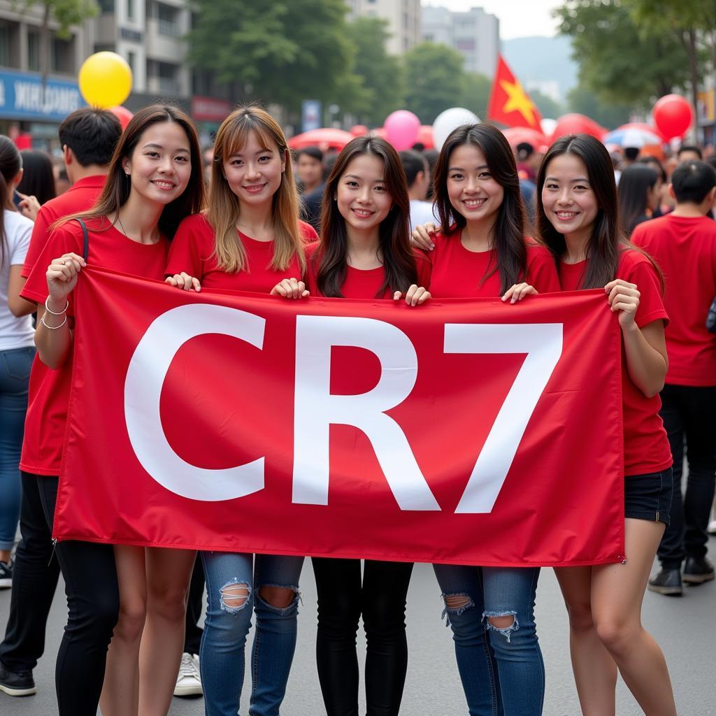 Female Fans with a "CR7" Banner