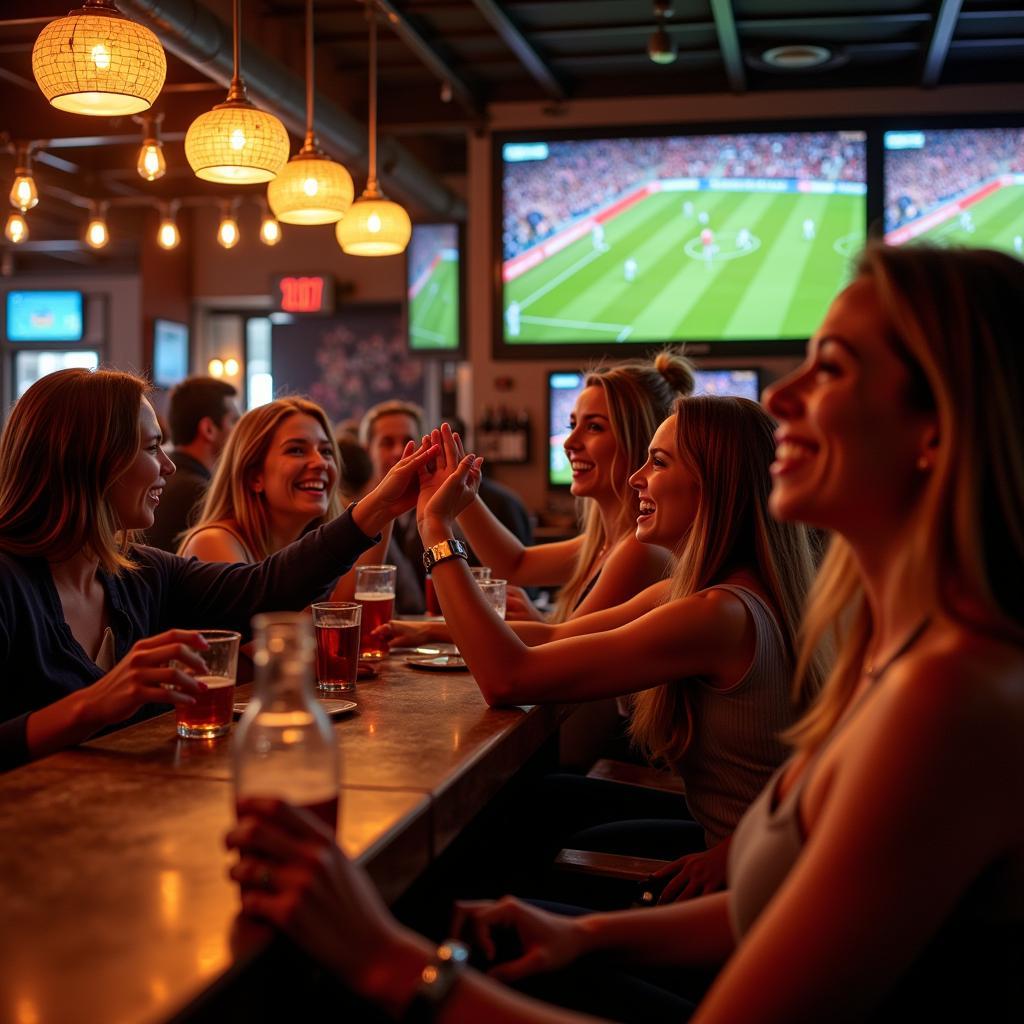 Group of female fans enjoying a match at a pub