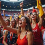 Female fans cheering in a packed stadium