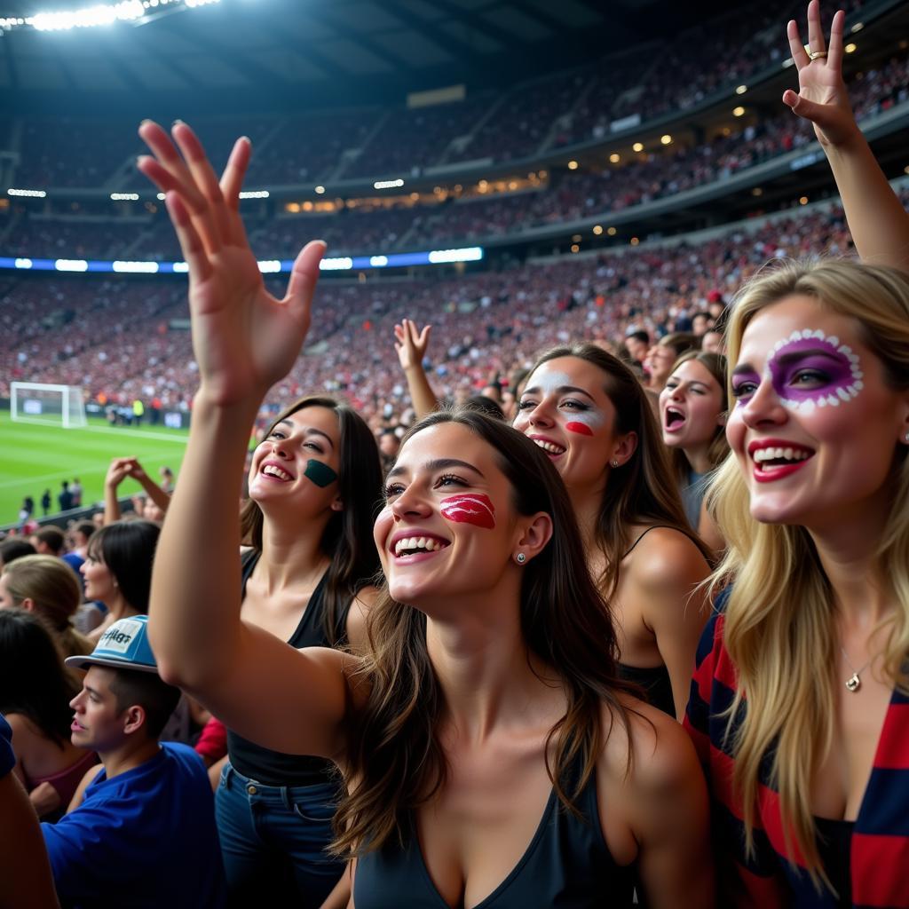 Excited female fans cheering in a packed stadium