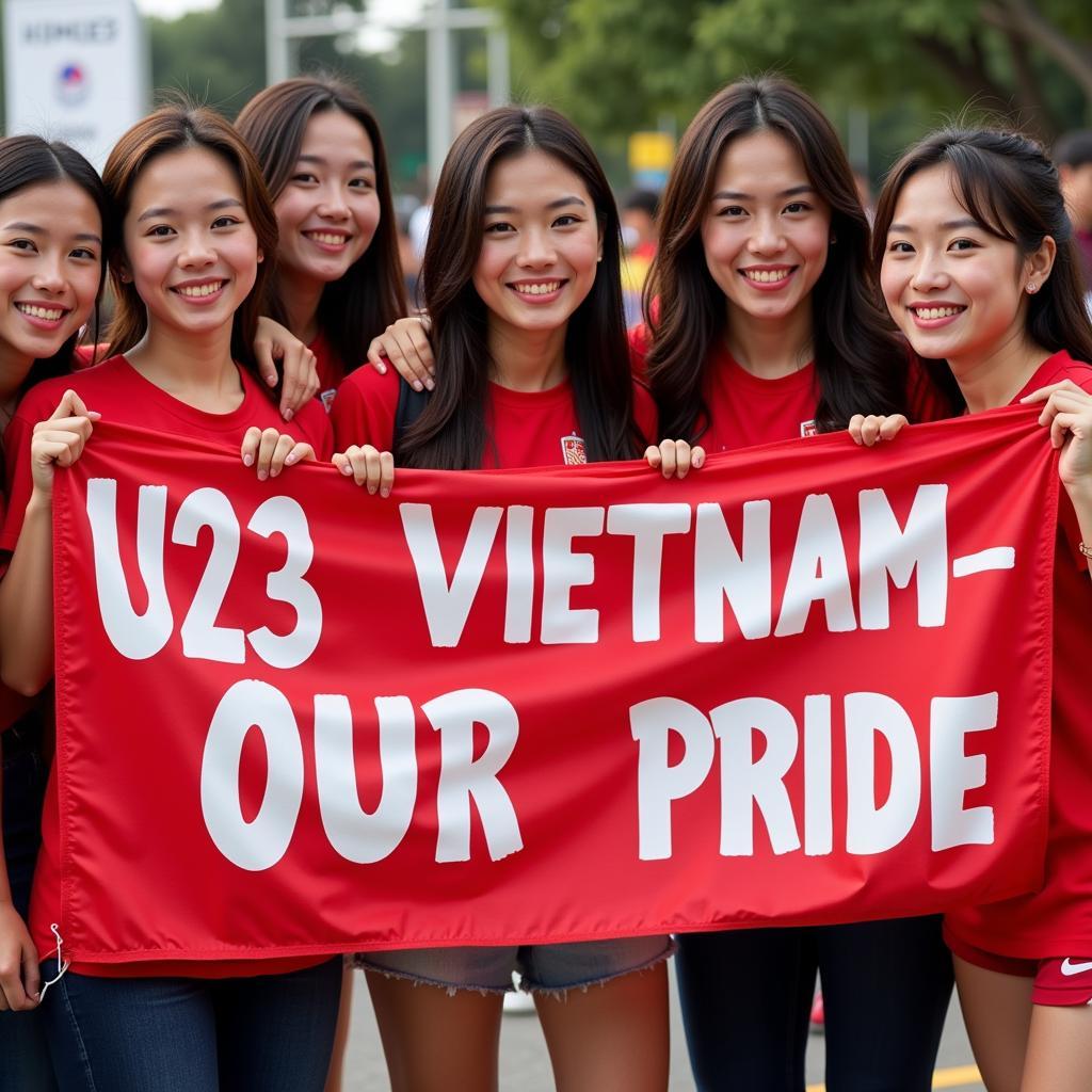 Group of Female Fans Holding U23 Vietnam Banner