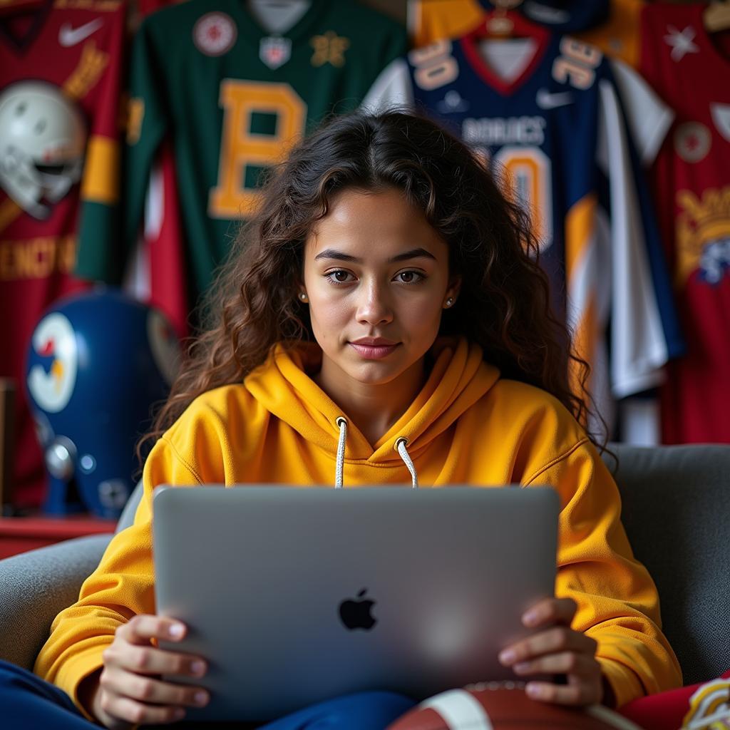 Excited fan girl researching different football teams