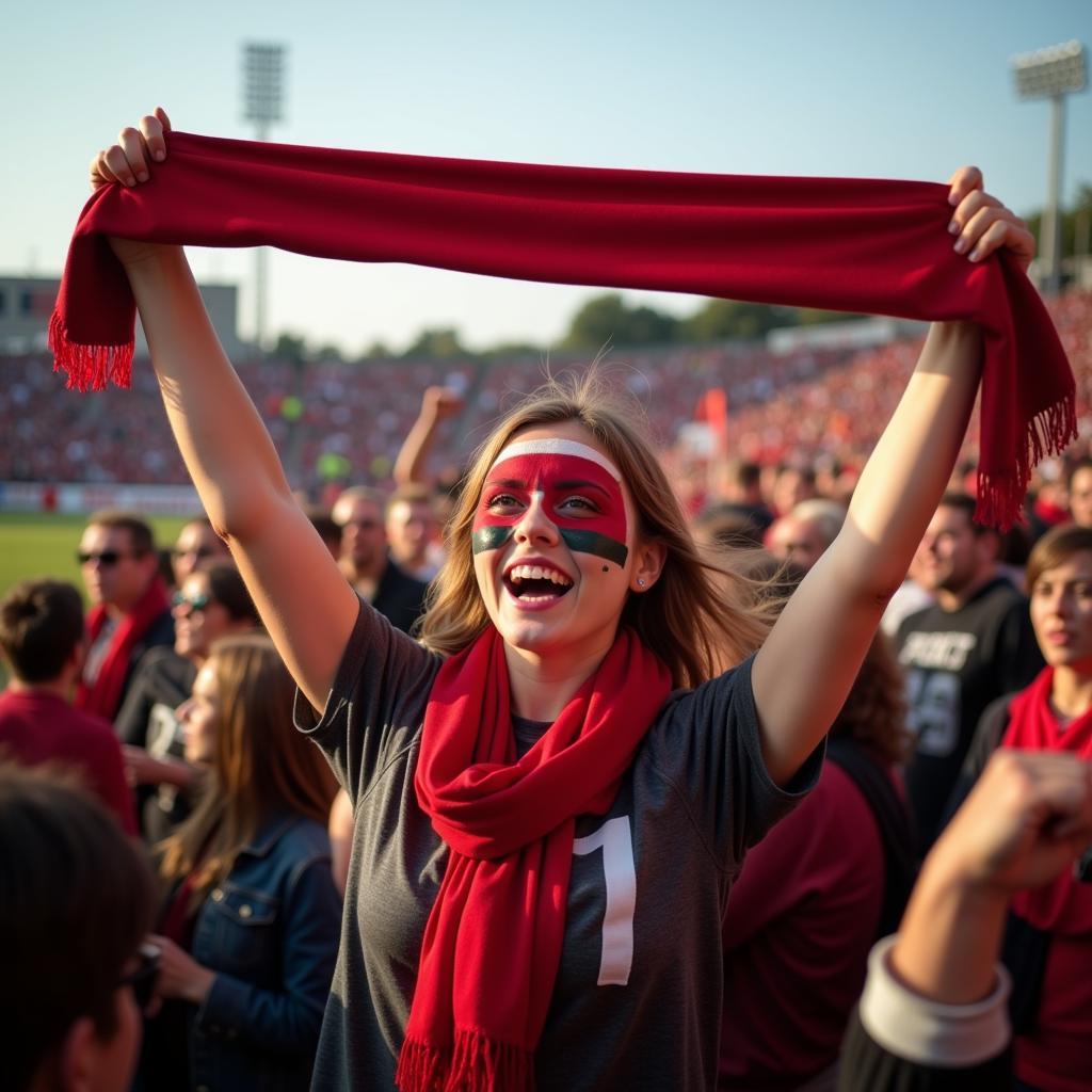 Woman cheering passionately at a football stadium