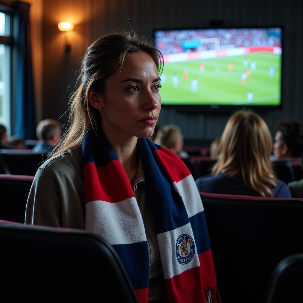 A female football fan intently watching a match