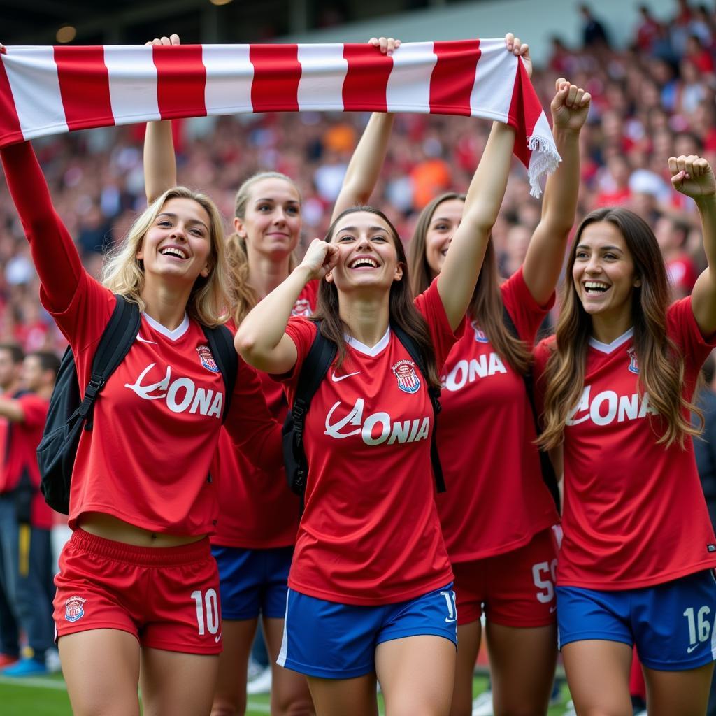 Excited female football fans cheering in a stadium