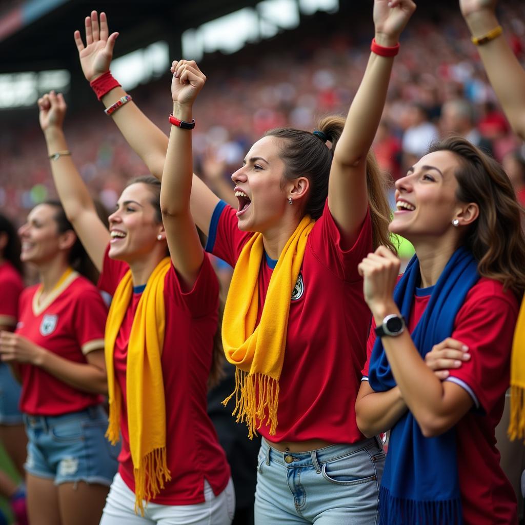 Women cheering enthusiastically at a football match