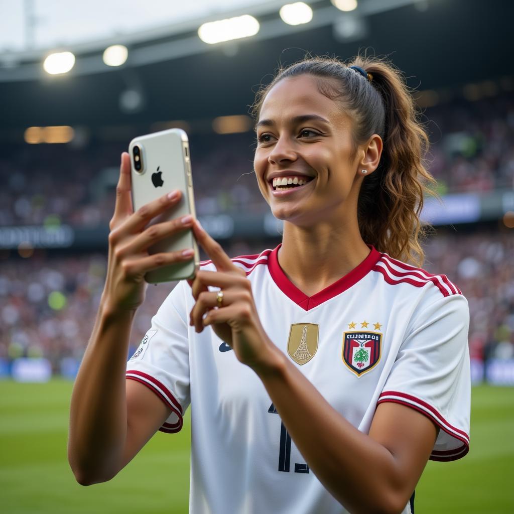 A female football player interacting with fans on social media.