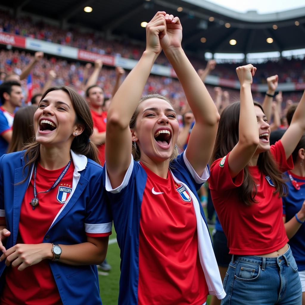 Enthusiastic female French football fans cheering for their team