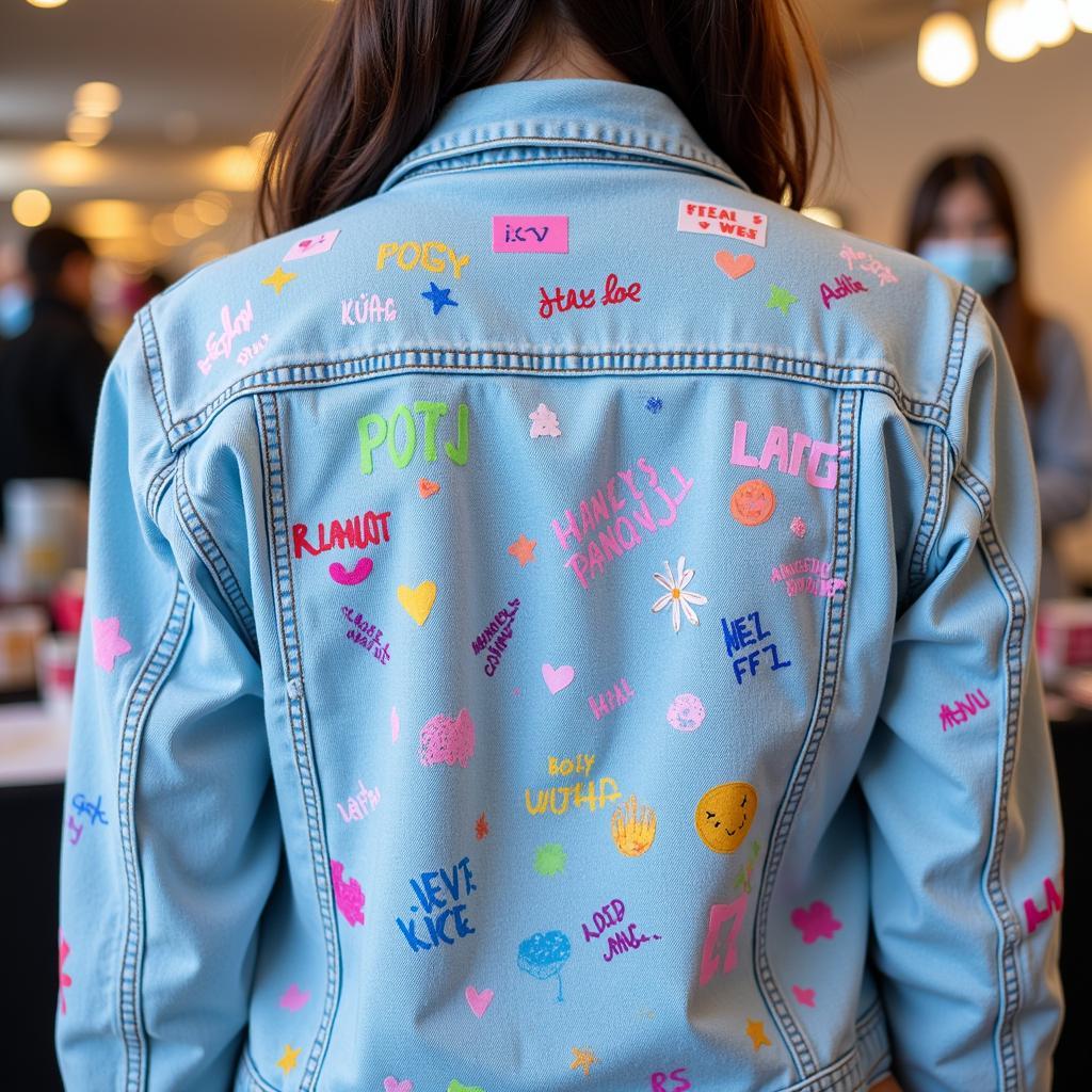 Kpop idol at a fansign wearing a jean jacket with fansign scribbles