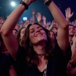 A young woman at a rock concert, fully immersed in the music