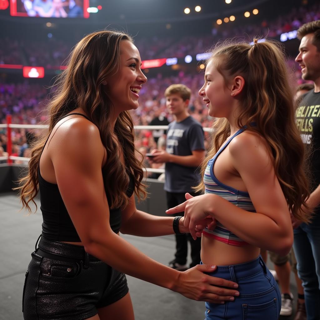 A female wrestler signing an autograph for a young fan.