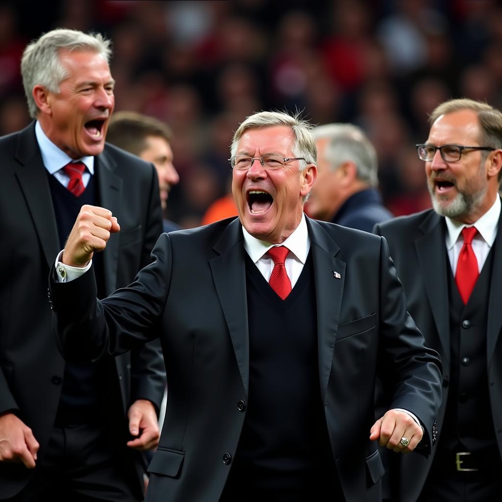 Sir Alex Ferguson celebrates a last-minute victory with his coaching staff