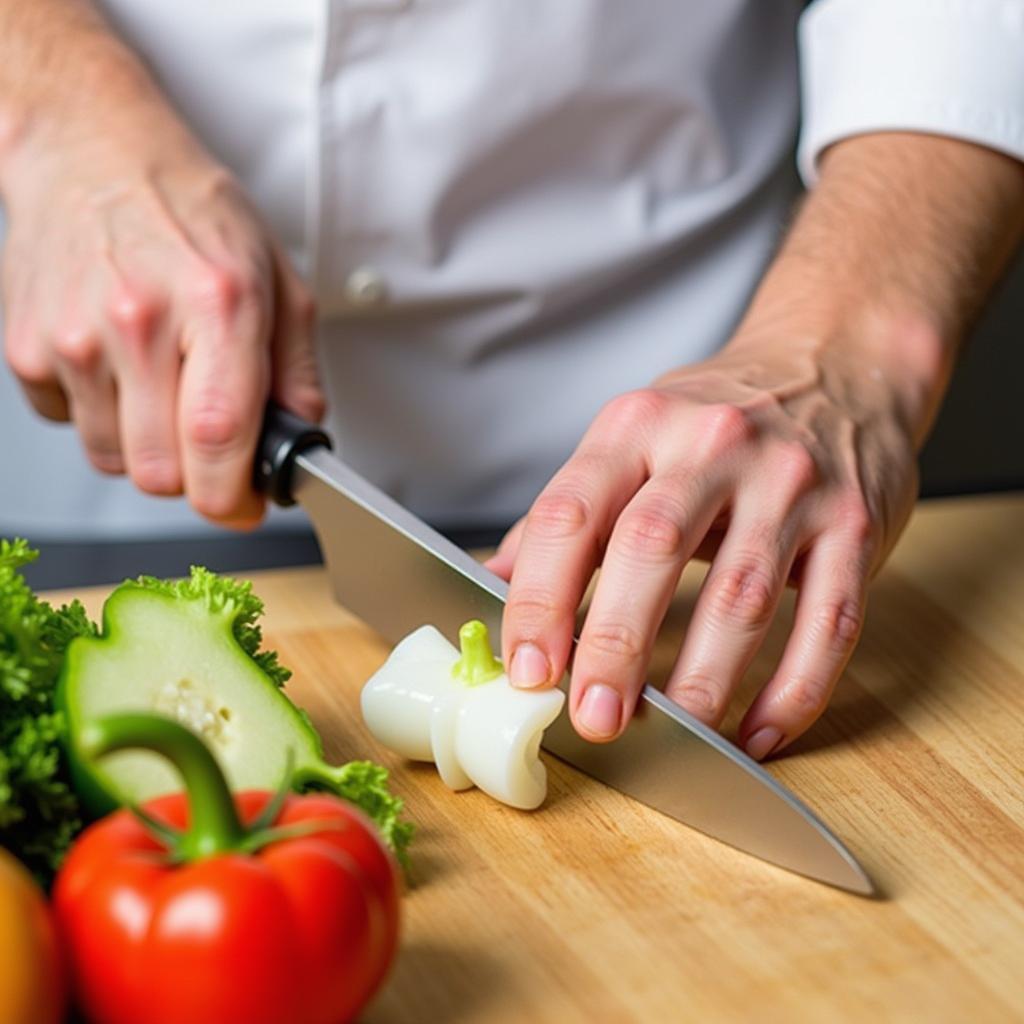 Chef using a 92mm plastic finger guardian while chopping vegetables