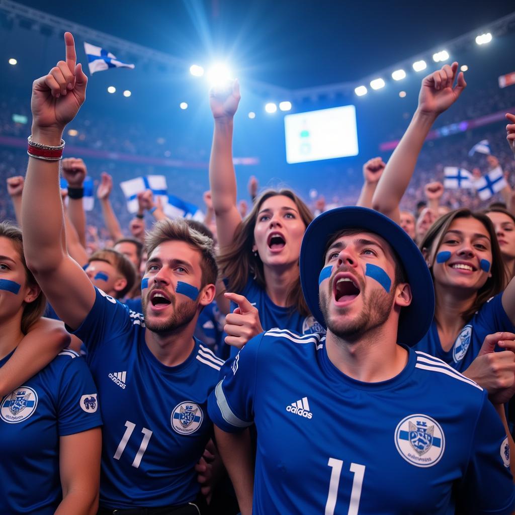 Finnish football fans celebrating a goal