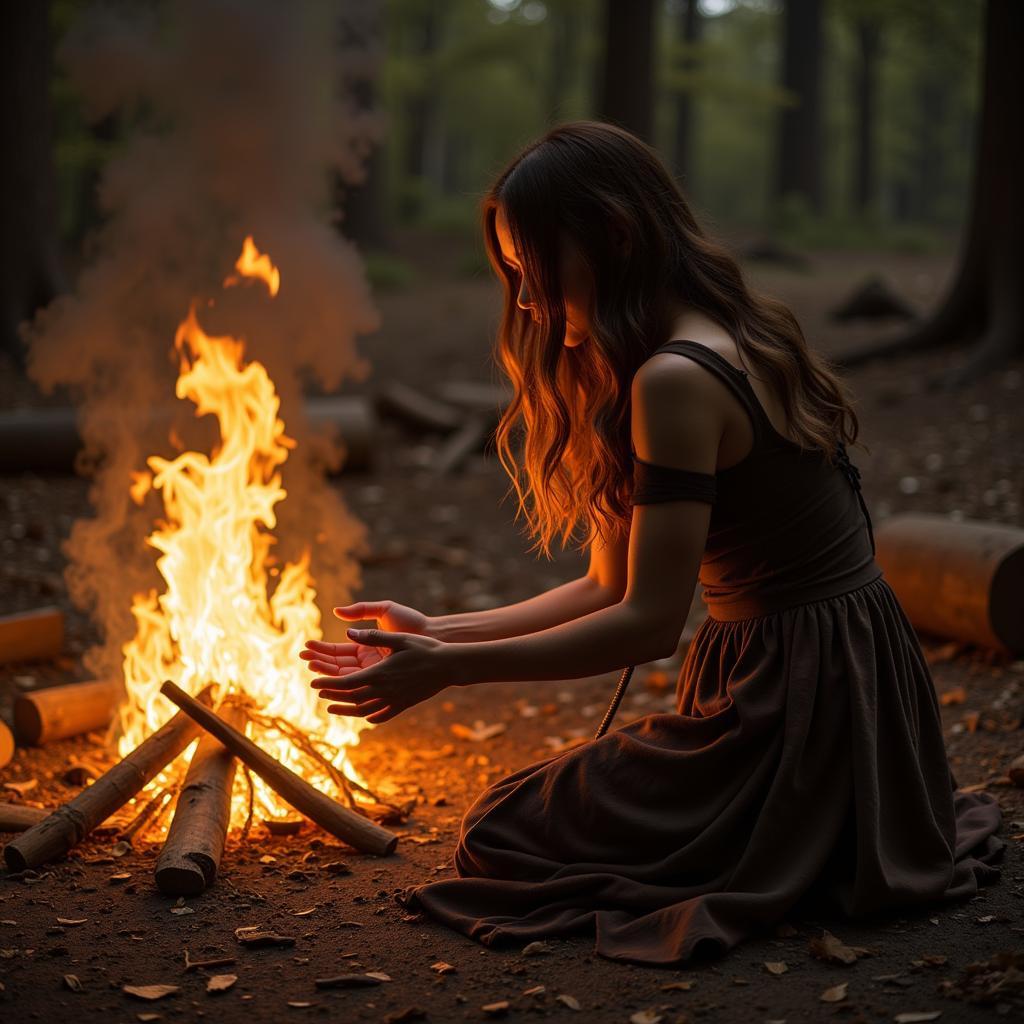 The Fire Keeper tending to a bonfire, her hands emitting a warm light