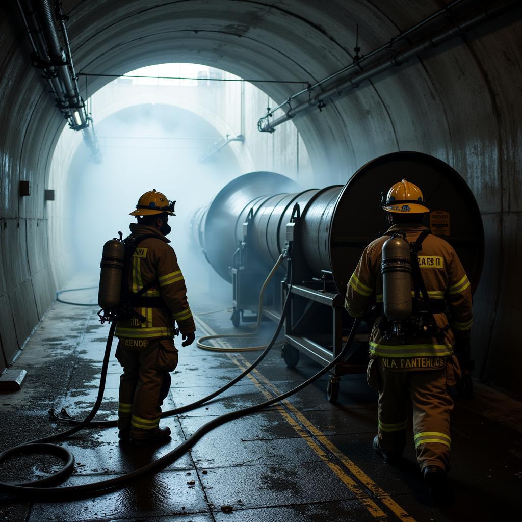 Firefighters utilizing a flow fan in a tunnel fire scenario