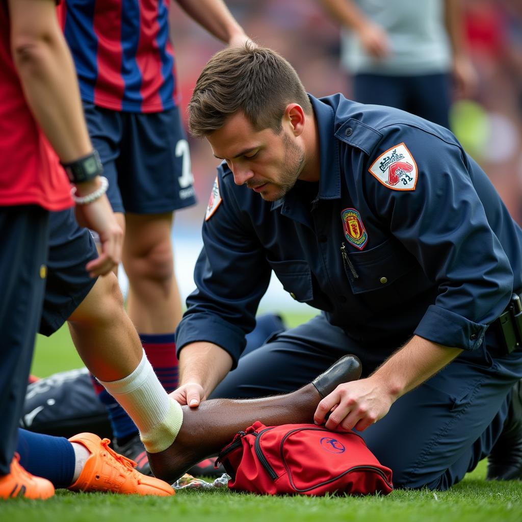 Paramedic administering first aid to fan with glass injury