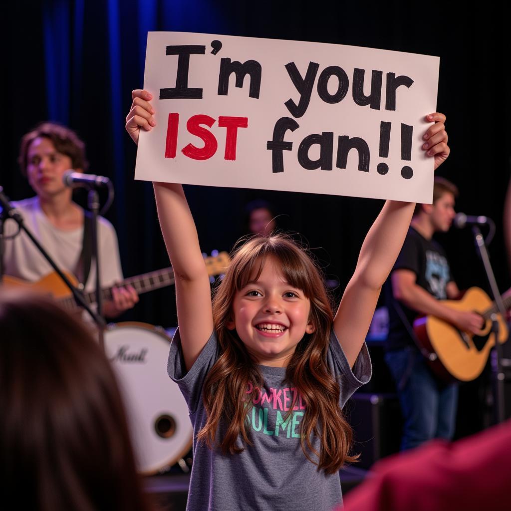 A young fan at a concert, holding up a banner proclaiming their love and support.