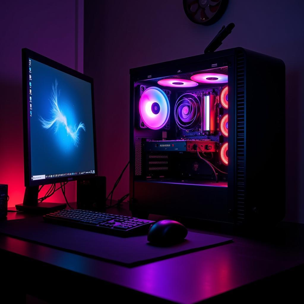 Gaming setup featuring FirstPlayer RGB Fan Fire Dancing G2