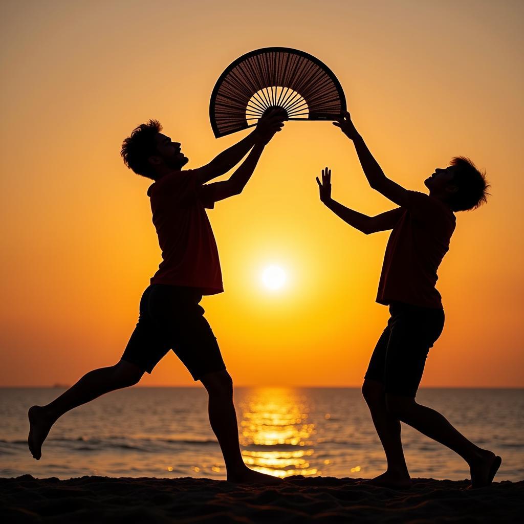 Two people playing with a foldable frisbee fan on the beach at sunset