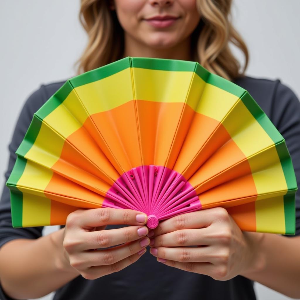 Woman unfolding a foldable frisbee fan