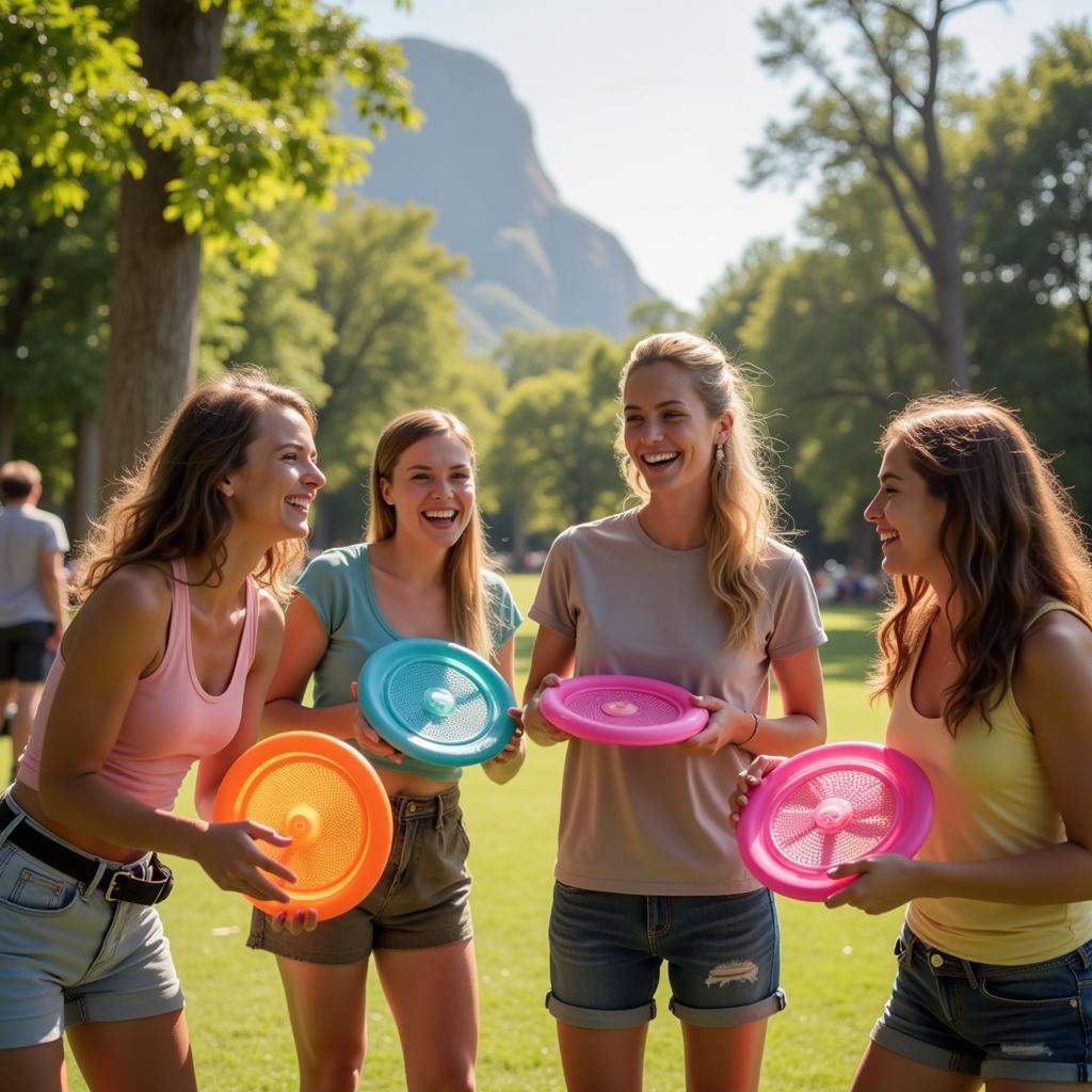 Group of friends playing with foldable frisbee fans at the park