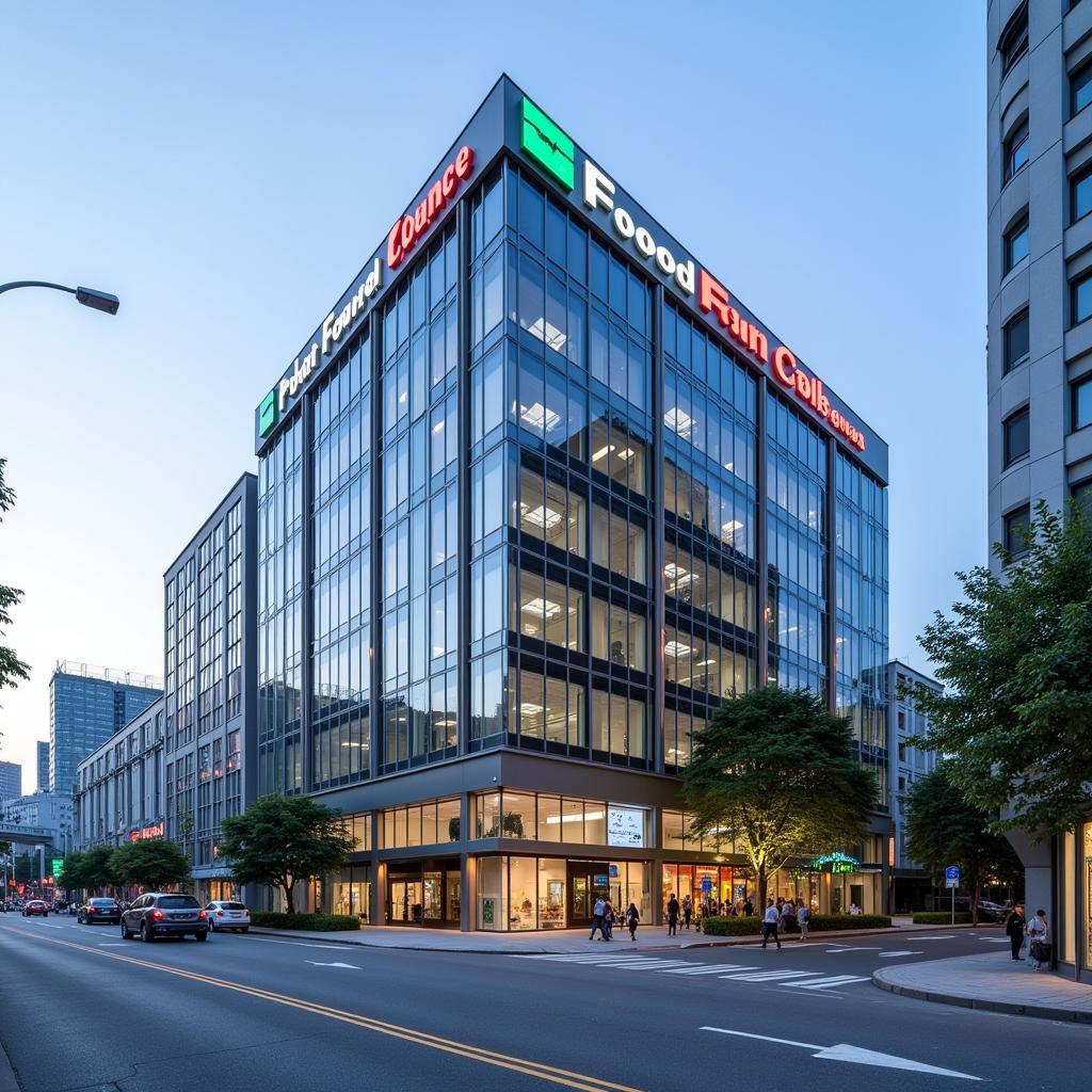 Modern office building with "Food Fan Co., Ltd." logo