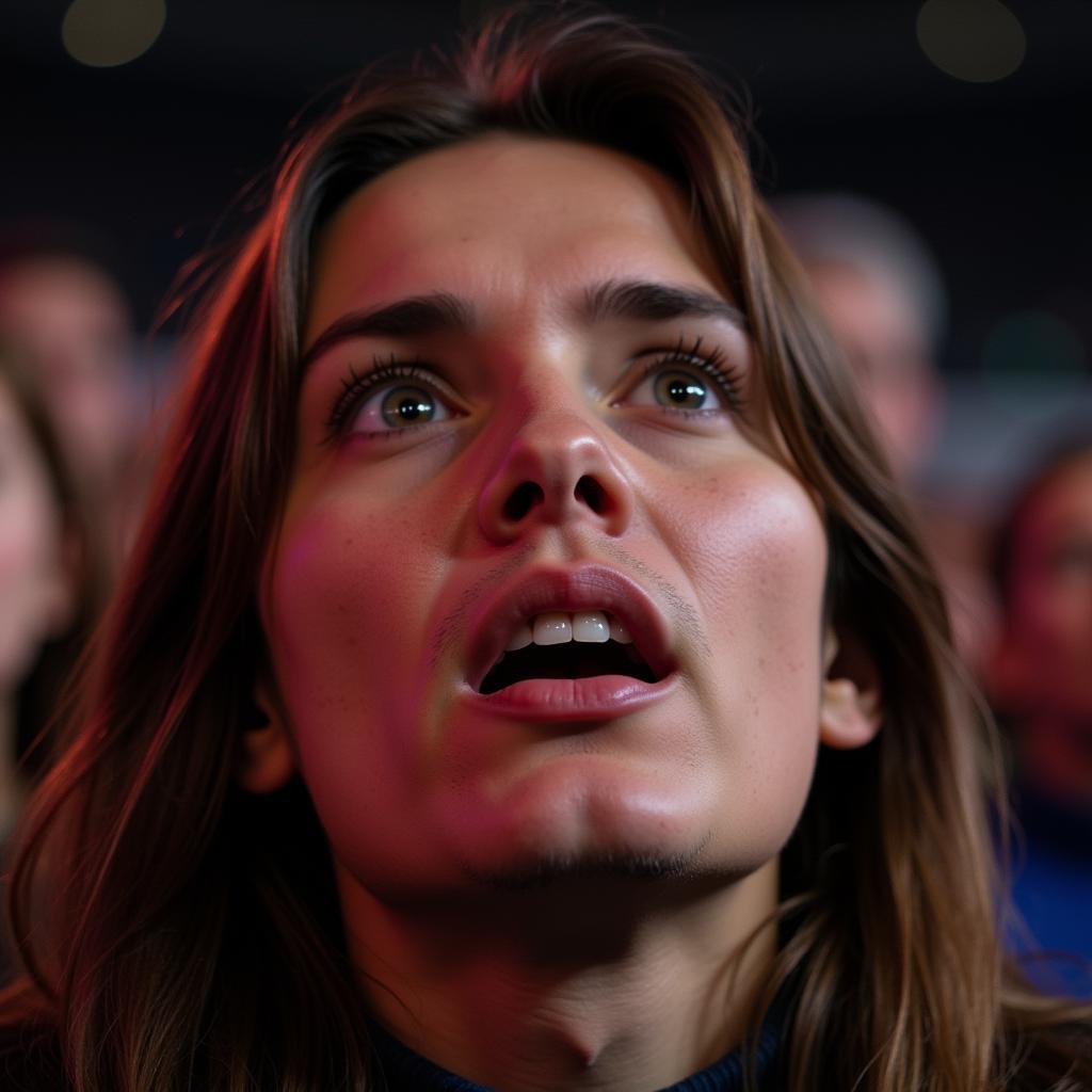 Close-up of a fan's face filled with emotion while chanting