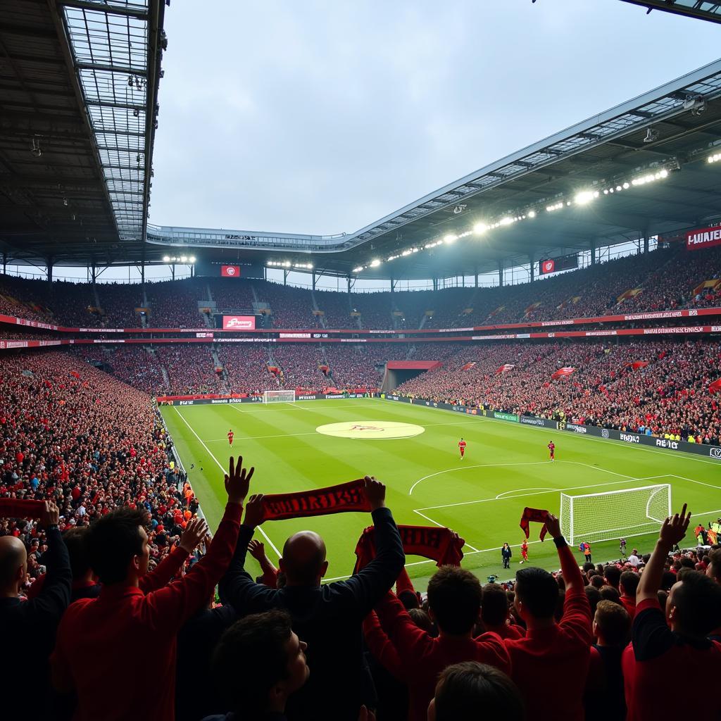 Fans singing in a stadium