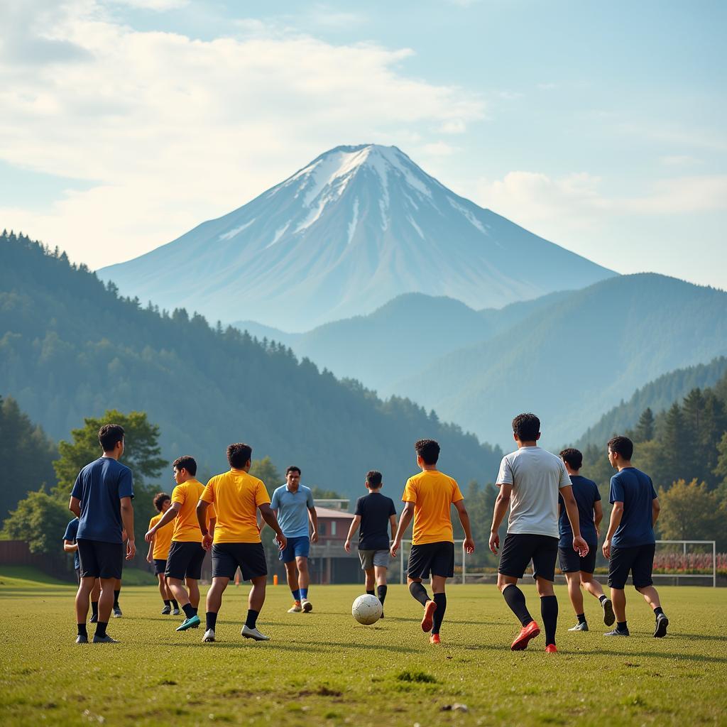 Football Connecting Cultures with Buddha Mountain Backdrop