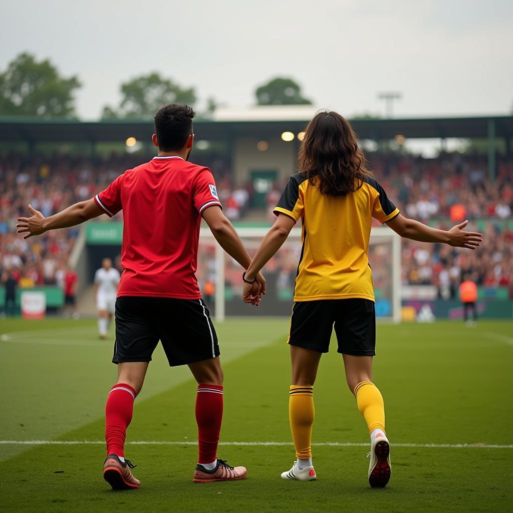 A couple, wearing neutral clothing, celebrating a goal together.