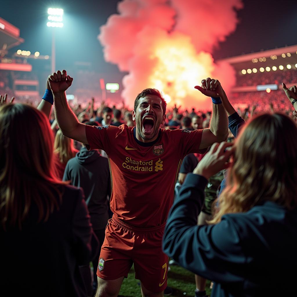 A chaotic scene depicting a clash between rival football fans