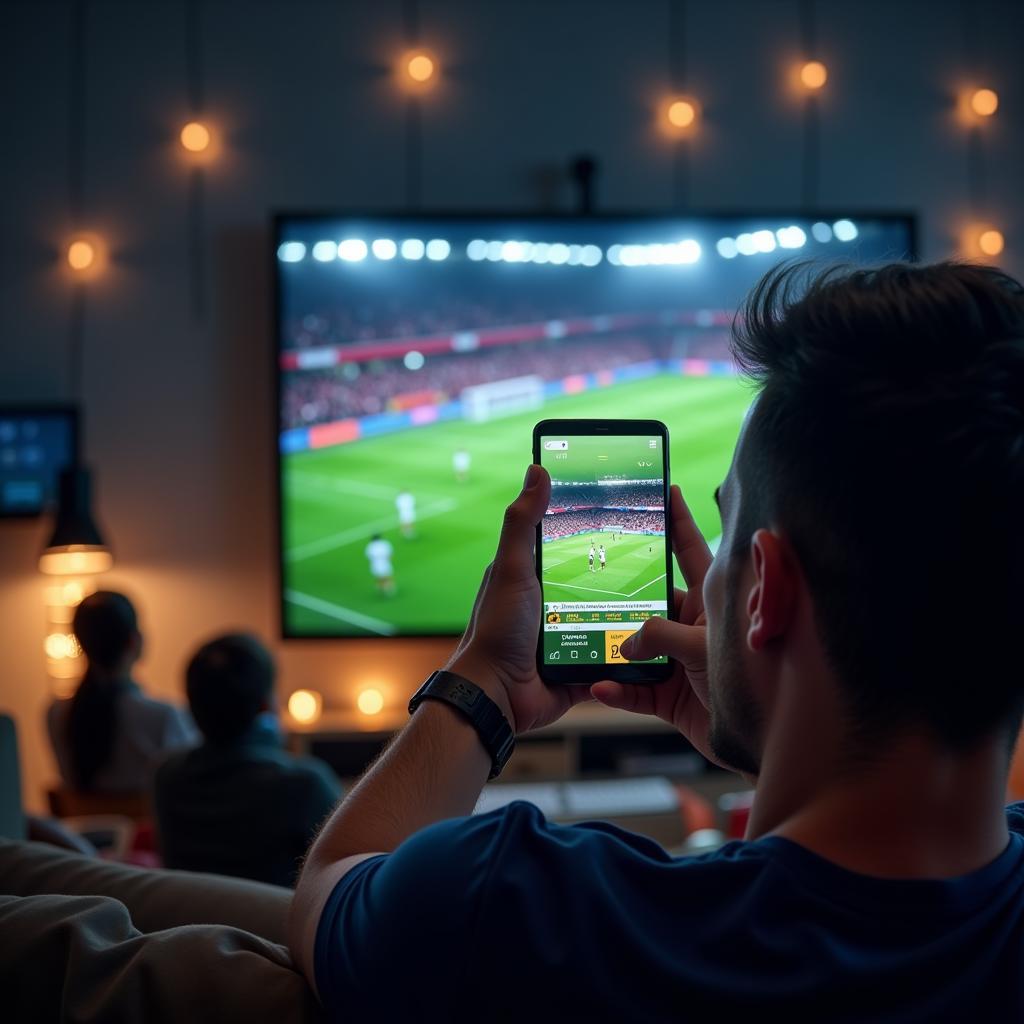 Football Fan checking live stats on phone