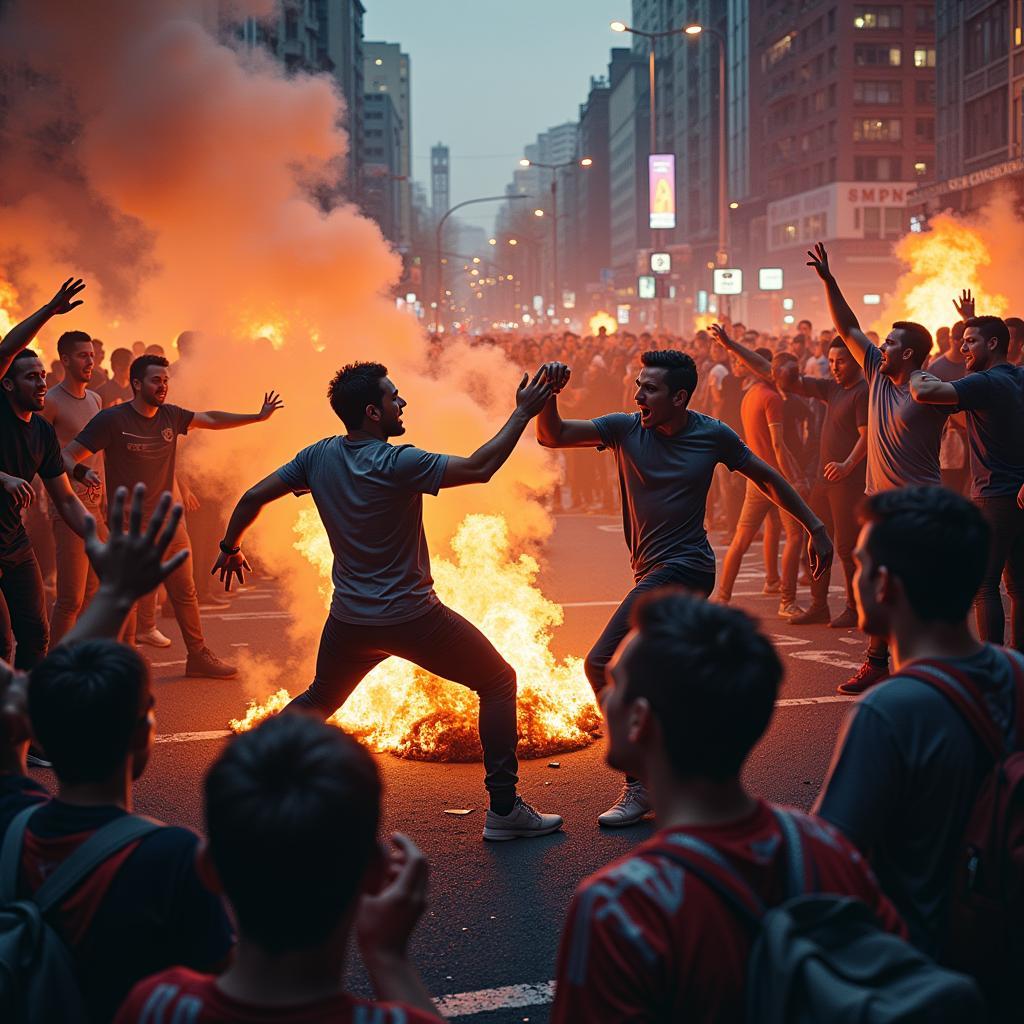 Two groups of opposing football fans clashing in the streets