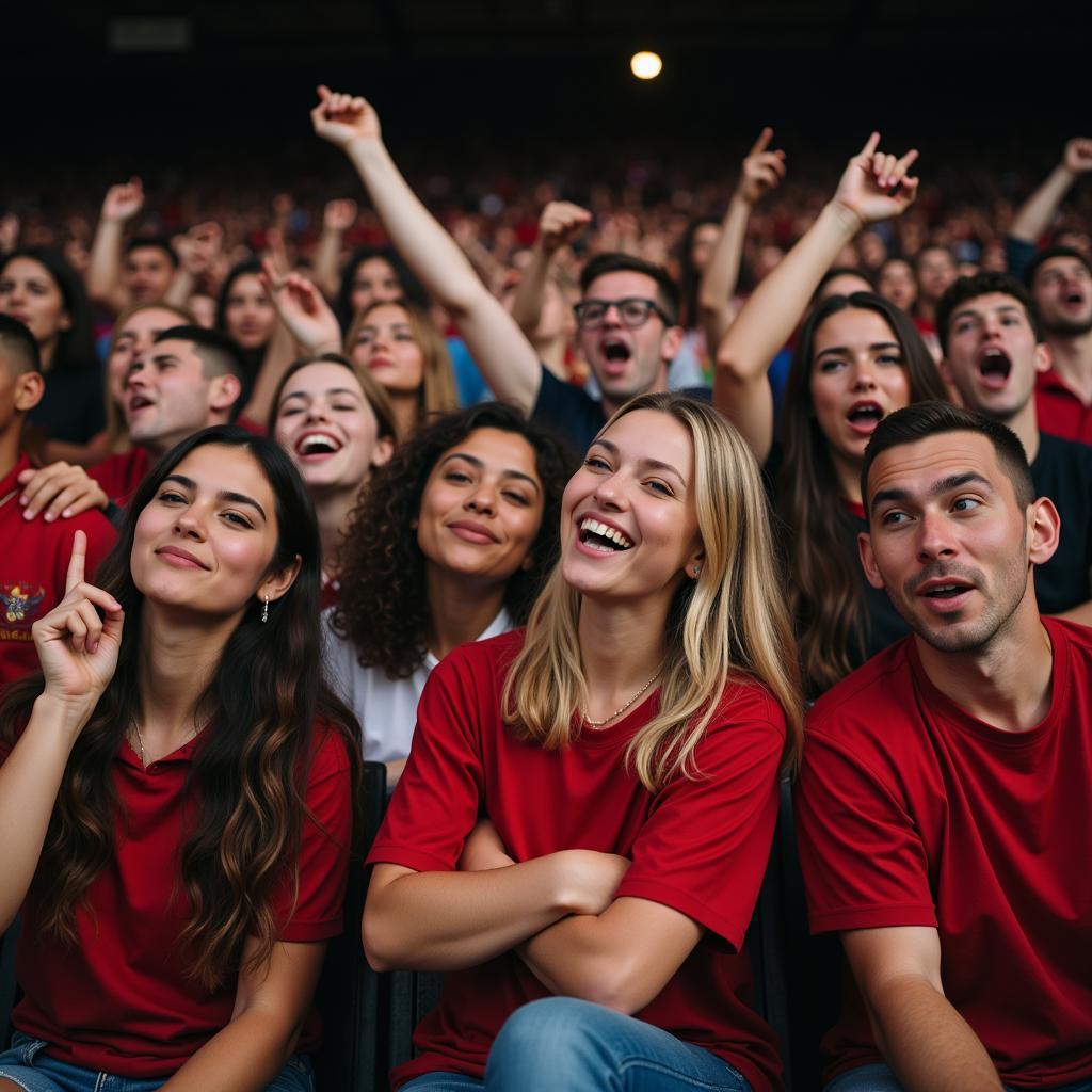 A diverse group of football fans celebrating together