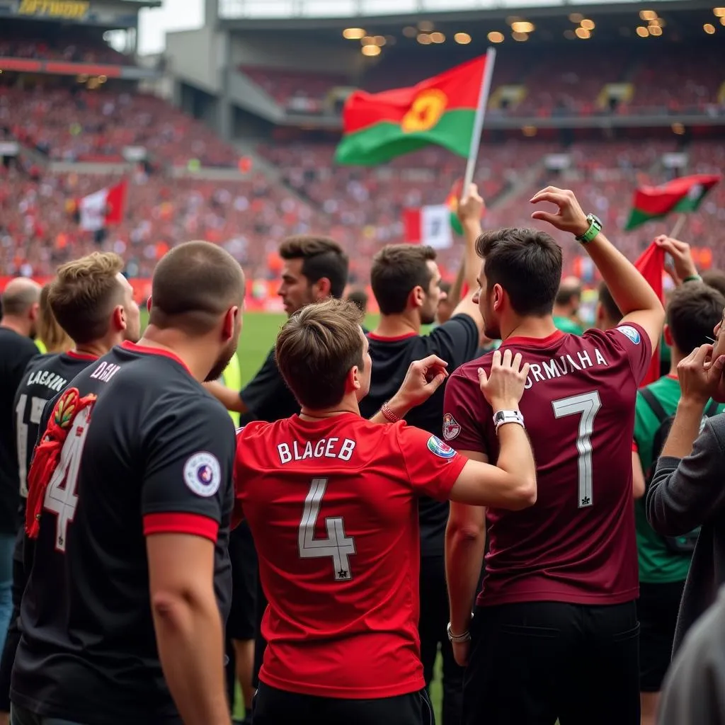 Football fans gathered at a stadium, showcasing their team colors and cheering enthusiastically