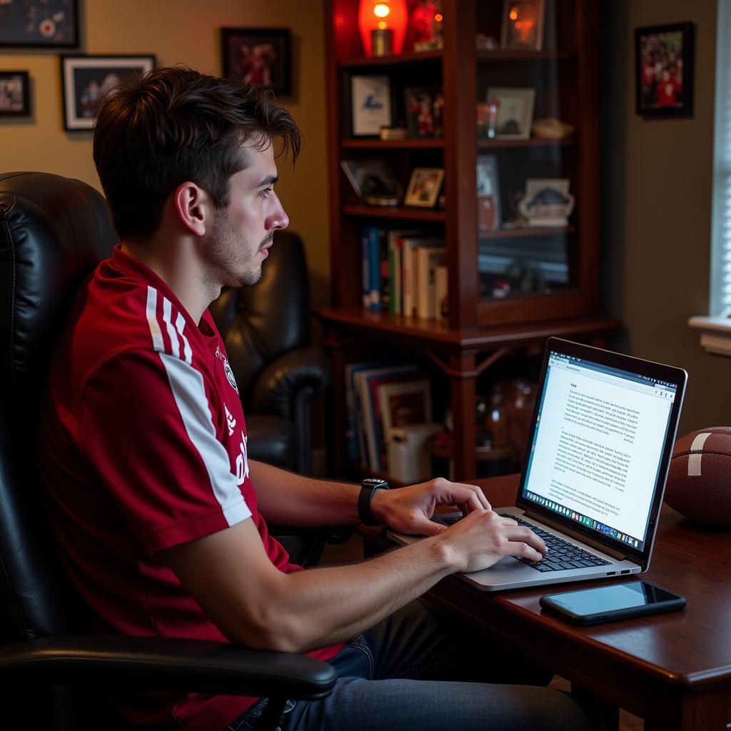 Football Fan Reading Fan Fiction on Laptop