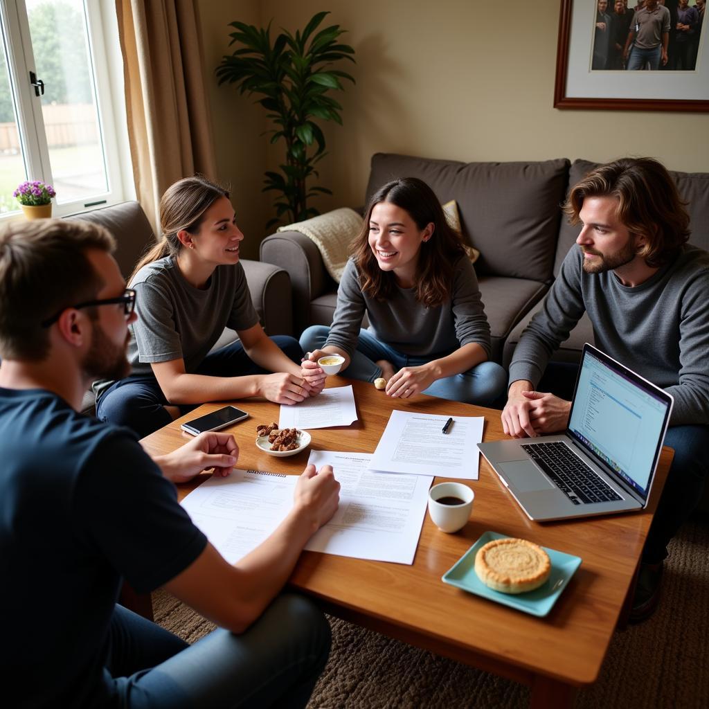 A group of friends huddled around a coffee table, strategizing for their fantasy football league