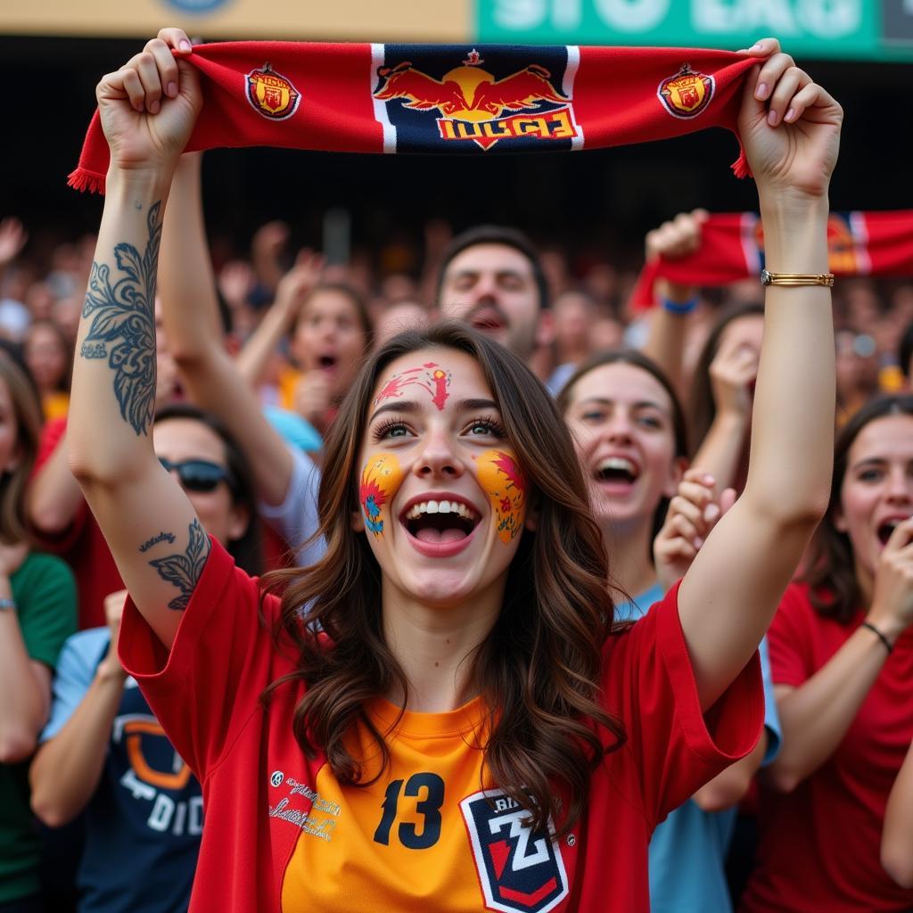 A young woman cheers enthusiastically at a football match, adorned in her team's scarf and face paint.