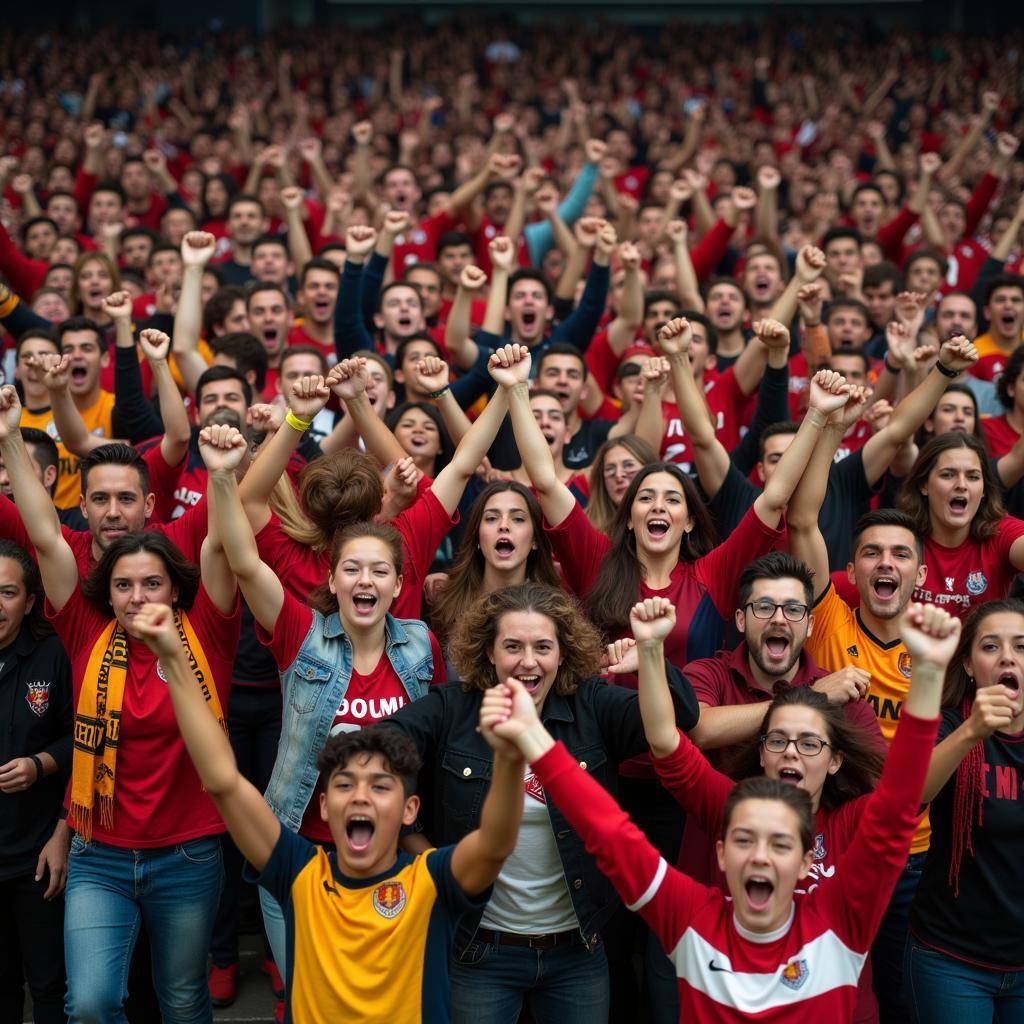 A large group of football fans celebrating together